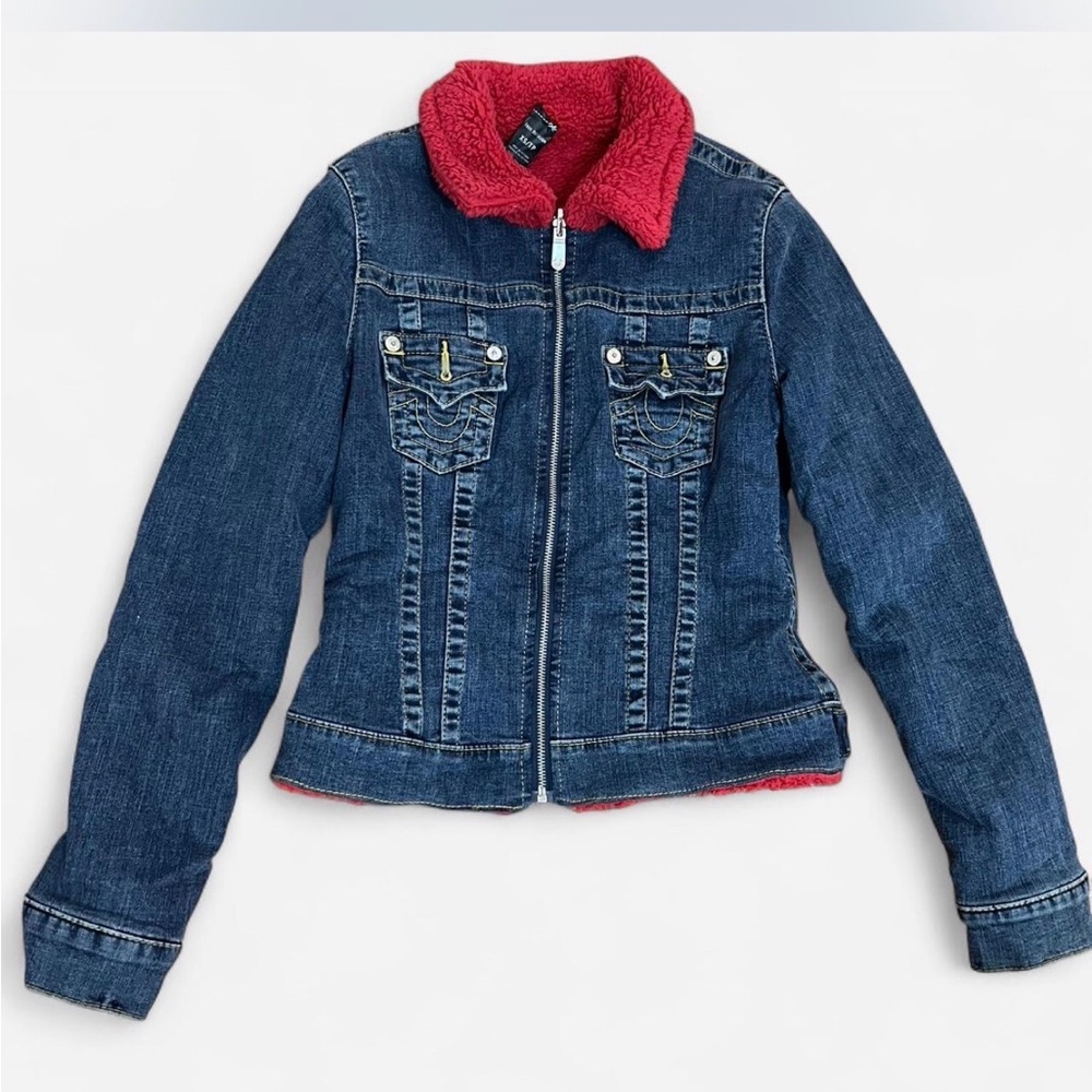 True Religion Kids Blue Denim Jacket with Red Collar